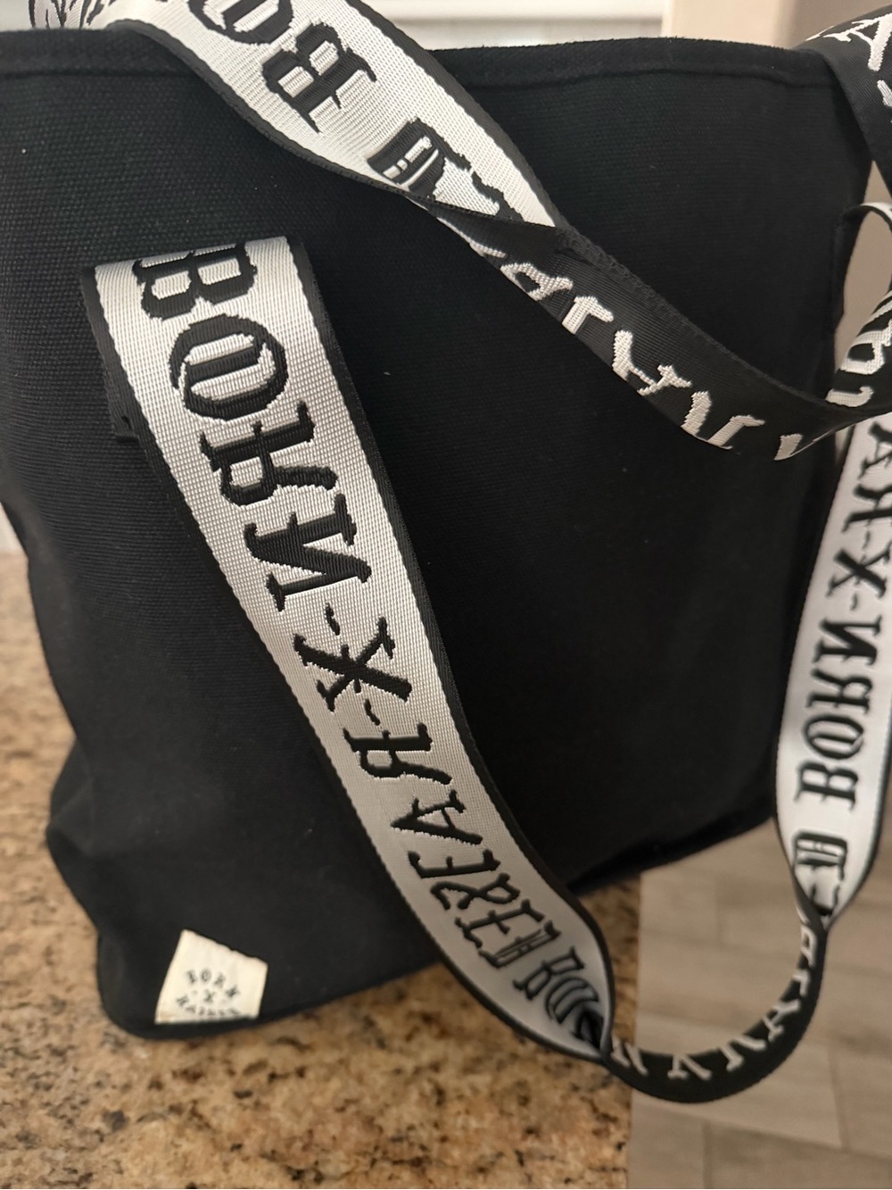 BORN X RAISED Black Canvas Tote with Branded White Strap